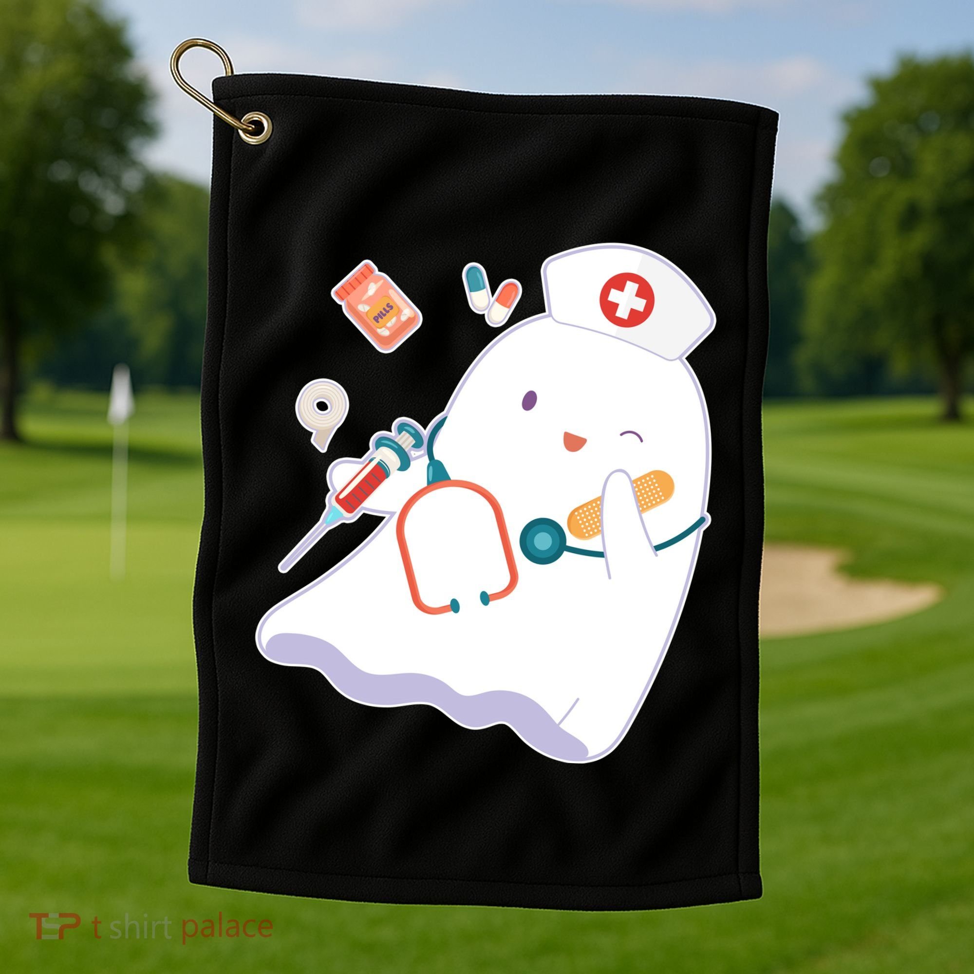 Funny Cute Halloween Nurse Ghost Golf Towel