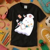 Funny Cute Halloween Nurse Ghost Kids T-Shirt thumb 3