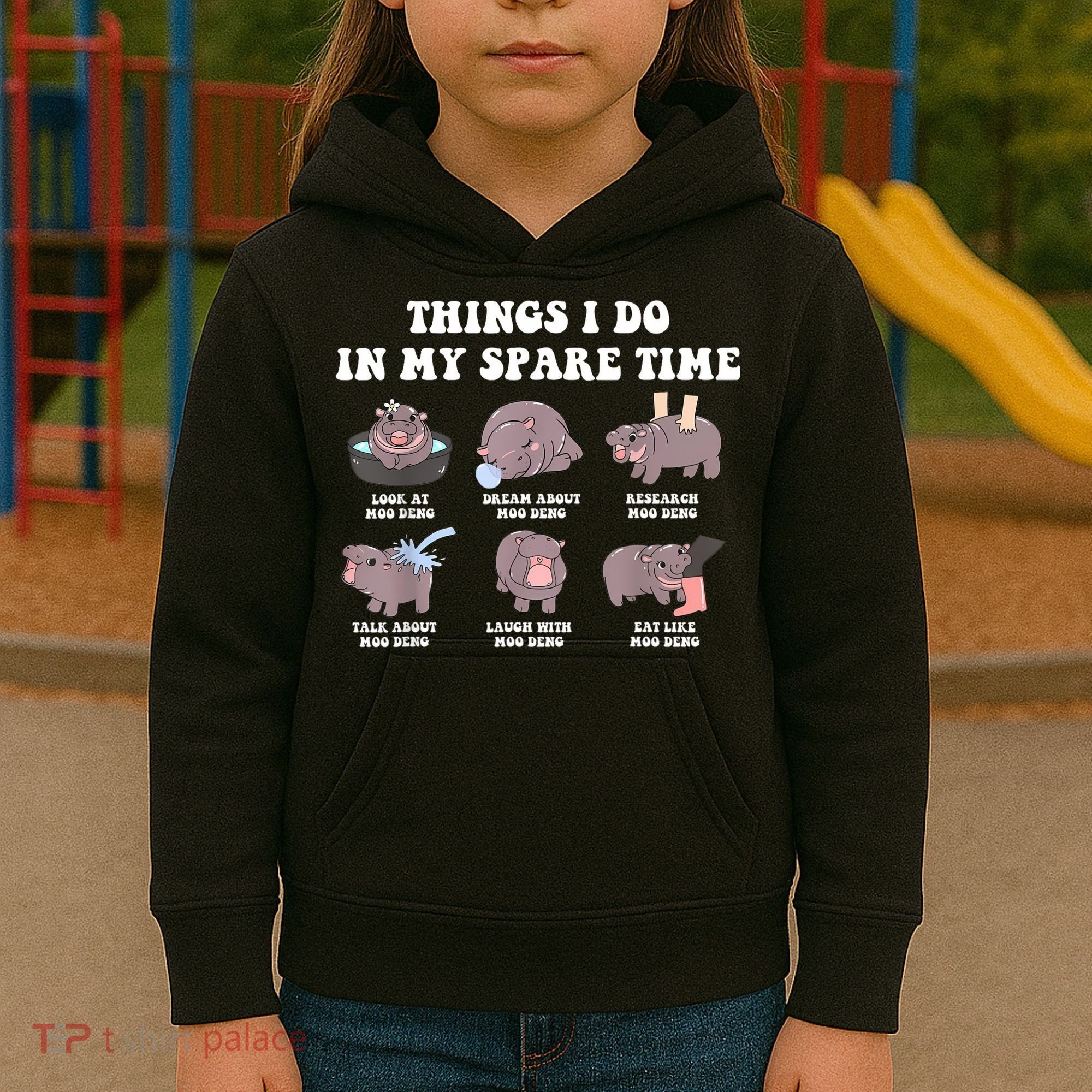 Funny Cute Hippo Moo Deng Things I Do In My Spare Time Meme Kids Hoodie