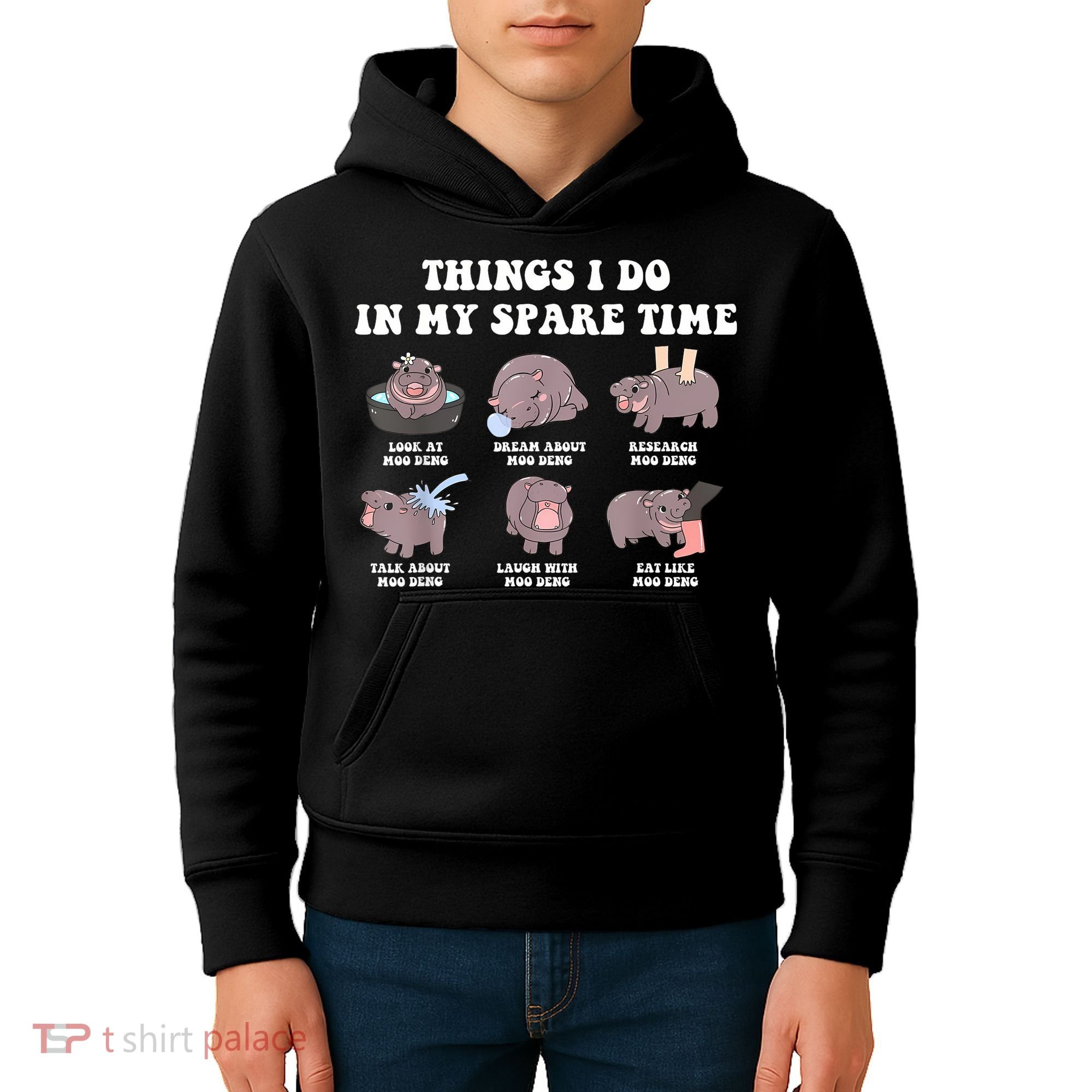 Funny Cute Hippo Moo Deng Things I Do In My Spare Time Meme Kids Hoodie