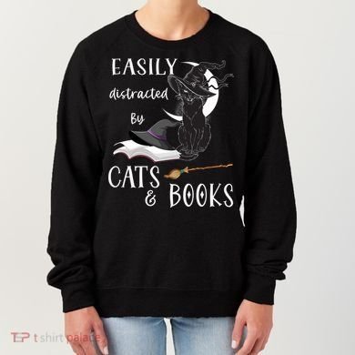 Funny Cat Halloween Tee Easily Distracted By Cats And Books Gift Women's Sweatshirt