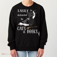 Funny Cat Halloween Tee Easily Distracted By Cats And Books Gift Women's Sweatshirt thumb 0