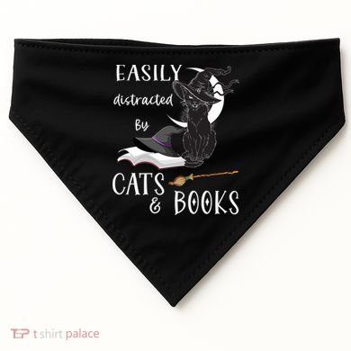 Funny Cat Halloween Tee Easily Distracted By Cats And Books Gift USA-Made Doggie Bandana