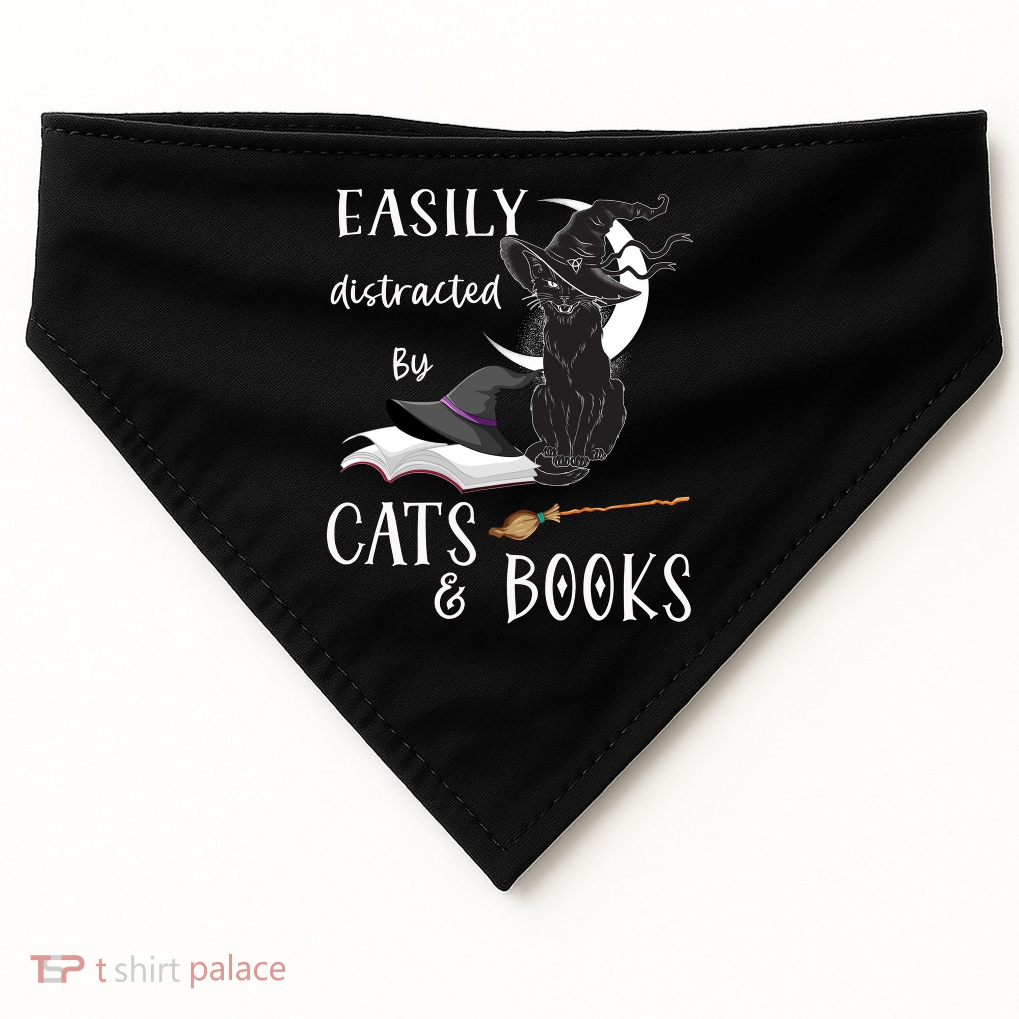Funny Cat Halloween Tee Easily Distracted By Cats And Books Gift USA-Made Doggie Bandana