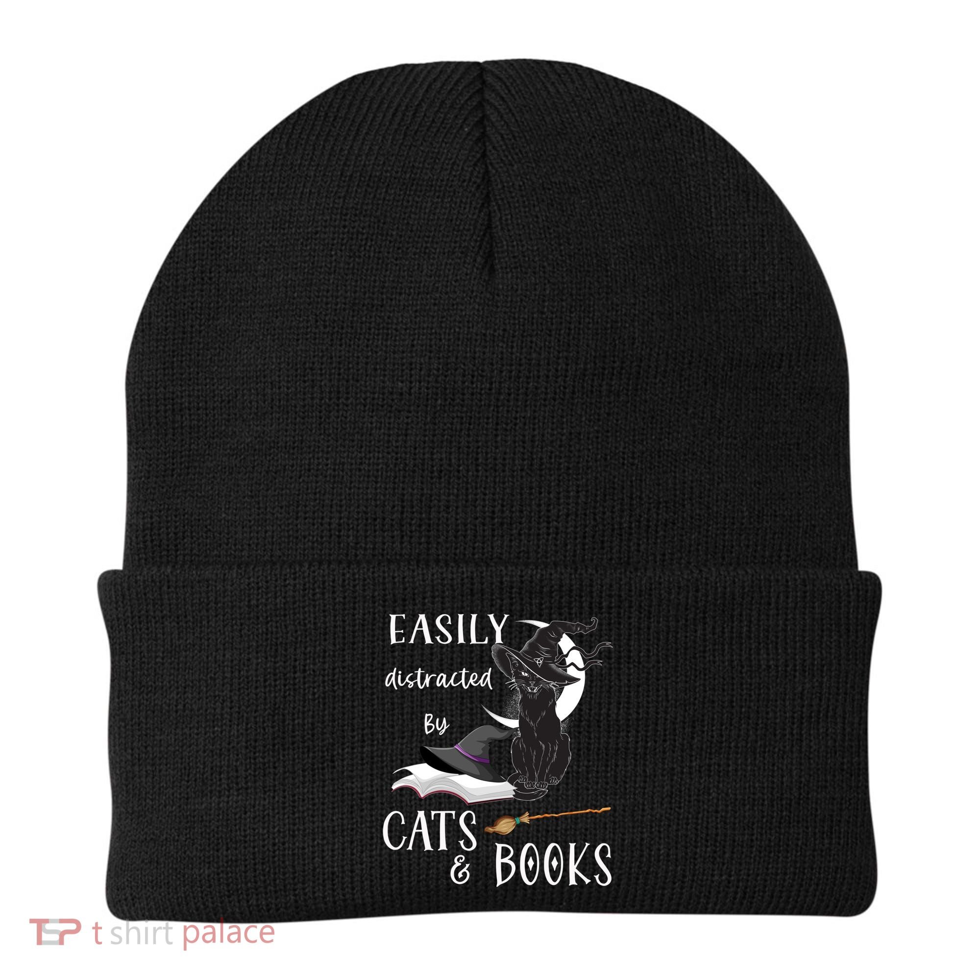 Funny Cat Halloween Tee Easily Distracted By Cats And Books Gift Beanie