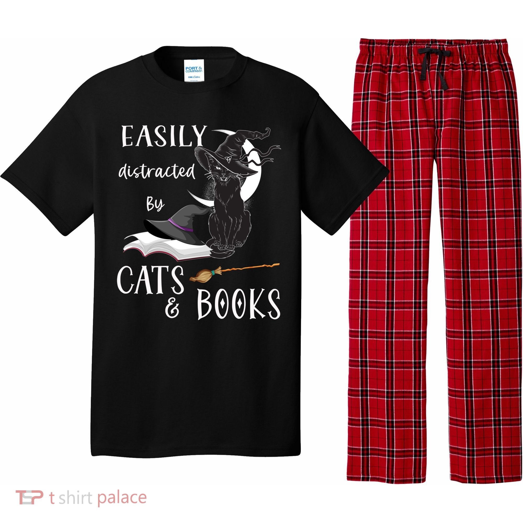Funny Cat Halloween Tee Easily Distracted By Cats And Books Gift Pajama Set