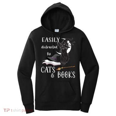 Funny Cat Halloween Tee Easily Distracted By Cats And Books Gift Women's Hoodie
