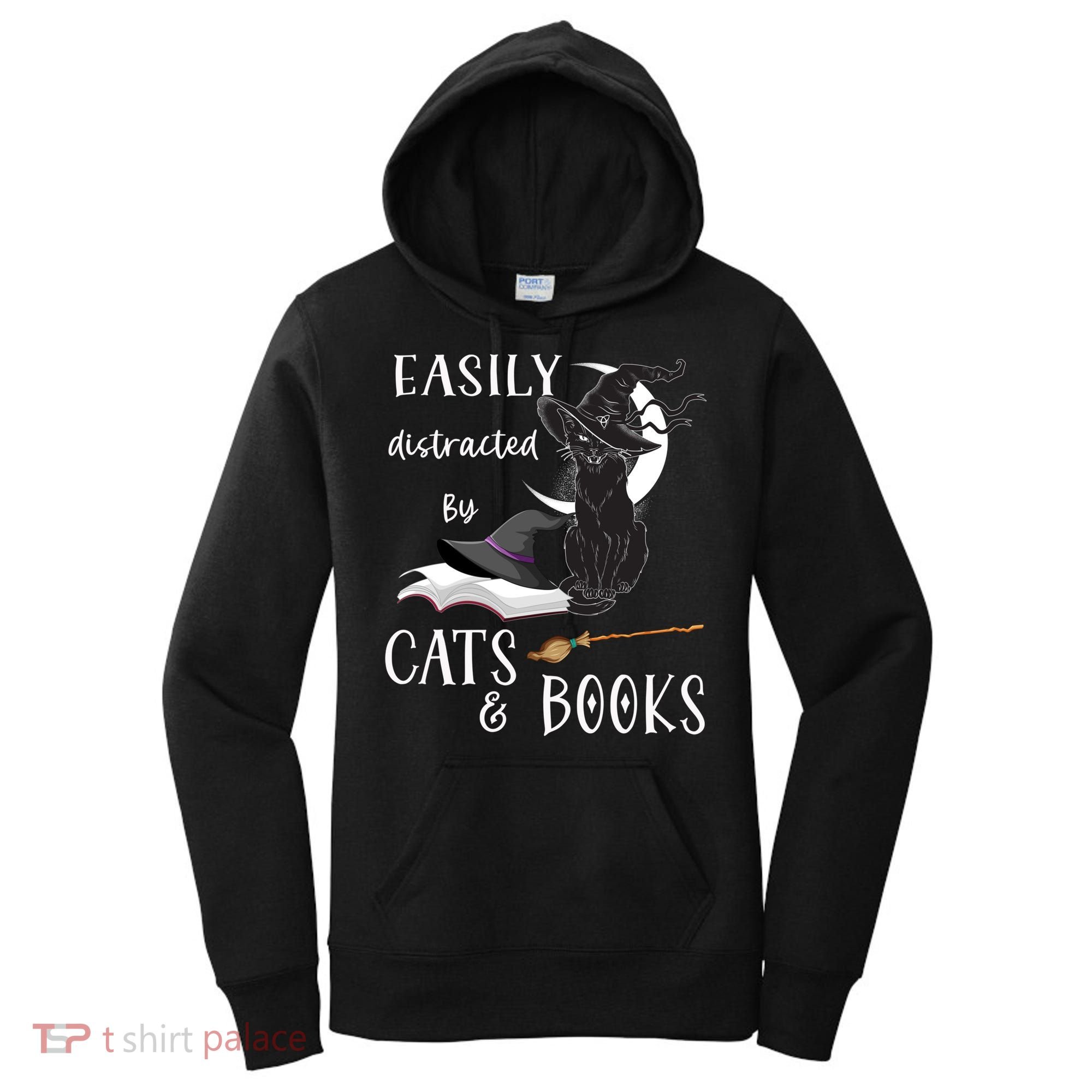 Funny Cat Halloween Tee Easily Distracted By Cats And Books Gift Women's Hoodie