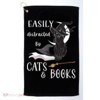Funny Cat Halloween Tee Easily Distracted By Cats And Books Gift Golf Towel thumb 0