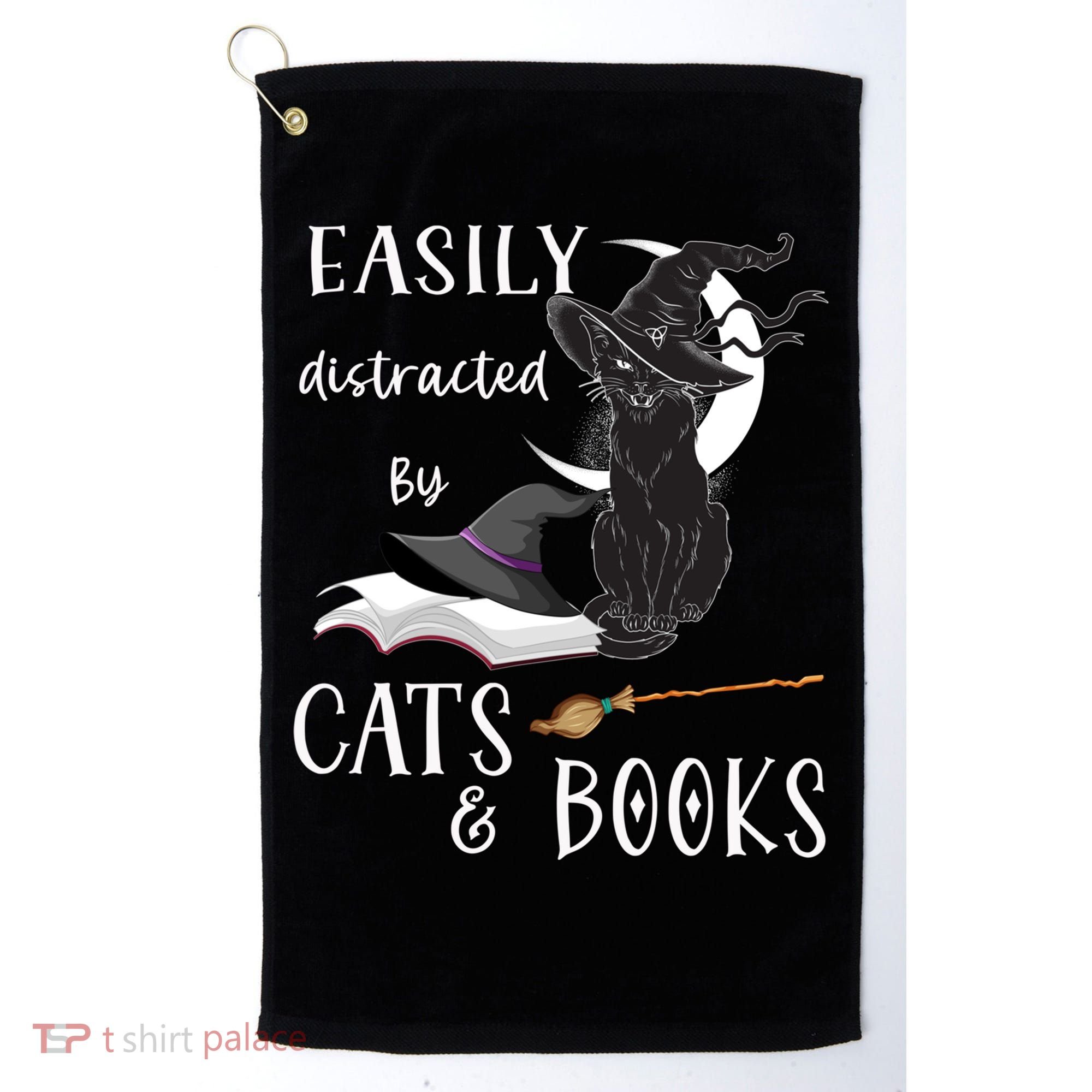 Funny Cat Halloween Tee Easily Distracted By Cats And Books Gift Golf Towel