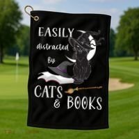Funny Cat Halloween Tee Easily Distracted By Cats And Books Gift Golf Towel thumb 1