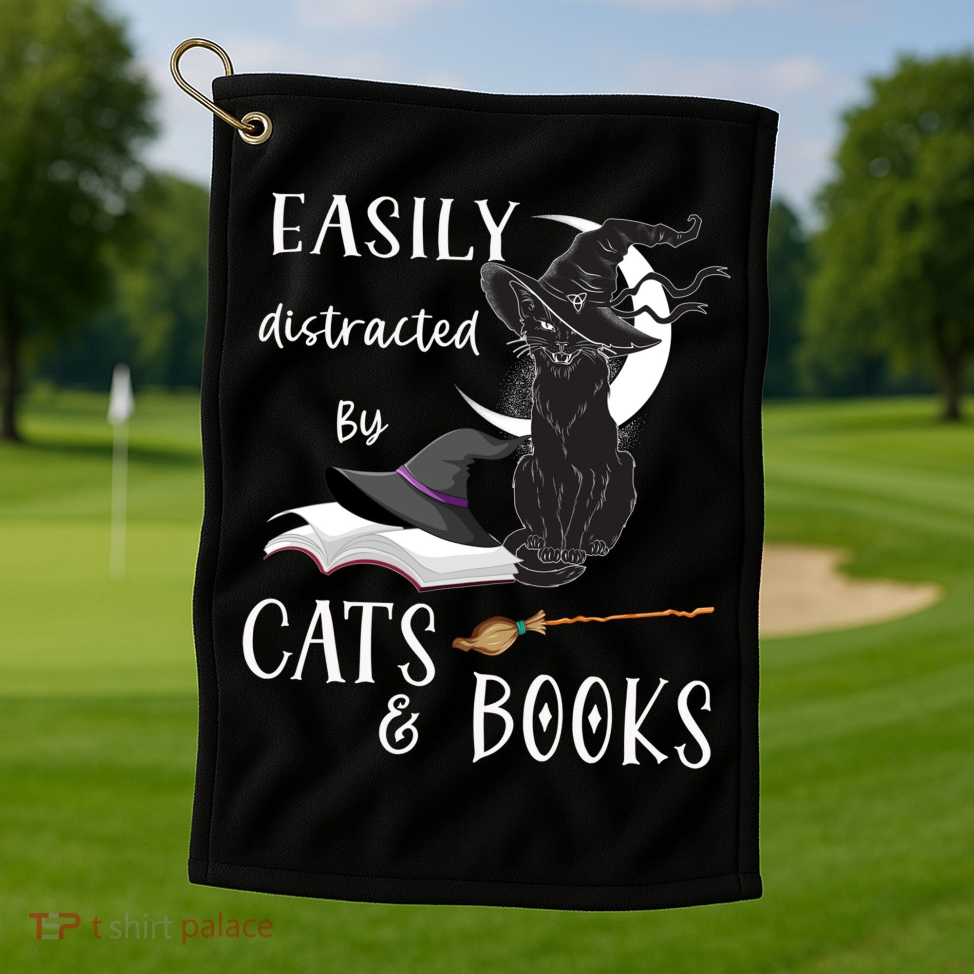 Funny Cat Halloween Tee Easily Distracted By Cats And Books Gift Golf Towel