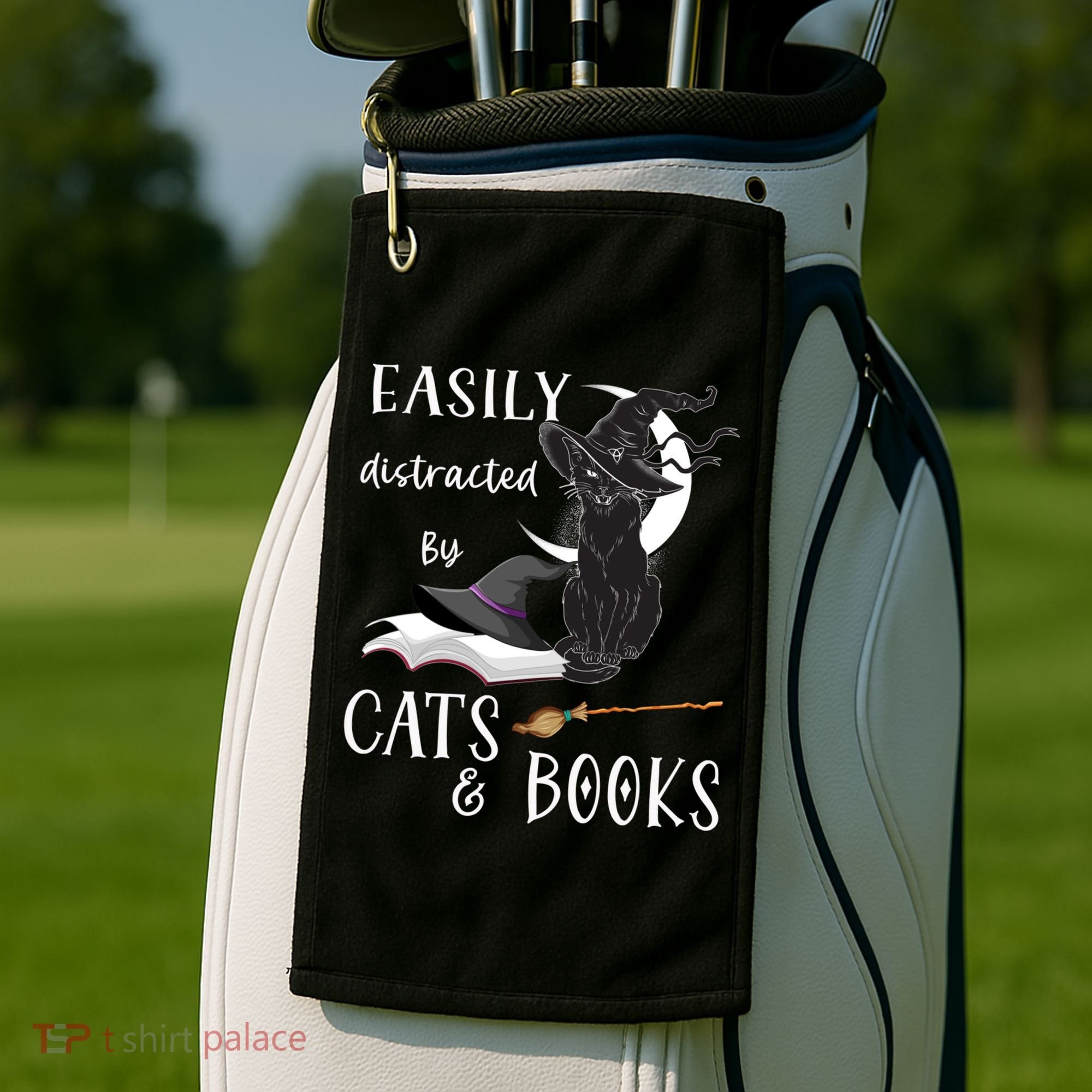 Funny Cat Halloween Tee Easily Distracted By Cats And Books Gift Golf Towel