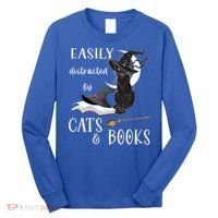 Funny Cat Halloween Tee Easily Distracted By Cats And Books Gift Long Sleeve Shirt thumb 0