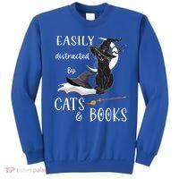 Funny Cat Halloween Tee Easily Distracted By Cats And Books Gift Sweatshirt thumb 0