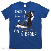 Funny Cat Halloween Tee Easily Distracted By Cats And Books Gift T-Shirt thumb 0