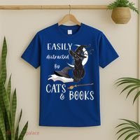 Funny Cat Halloween Tee Easily Distracted By Cats And Books Gift T-Shirt thumb 2