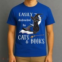 Funny Cat Halloween Tee Easily Distracted By Cats And Books Gift T-Shirt thumb 3