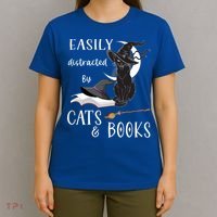 Funny Cat Halloween Tee Easily Distracted By Cats And Books Gift T-Shirt thumb 4