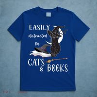 Funny Cat Halloween Tee Easily Distracted By Cats And Books Gift T-Shirt thumb 5