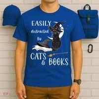 Funny Cat Halloween Tee Easily Distracted By Cats And Books Gift T-Shirt thumb 6
