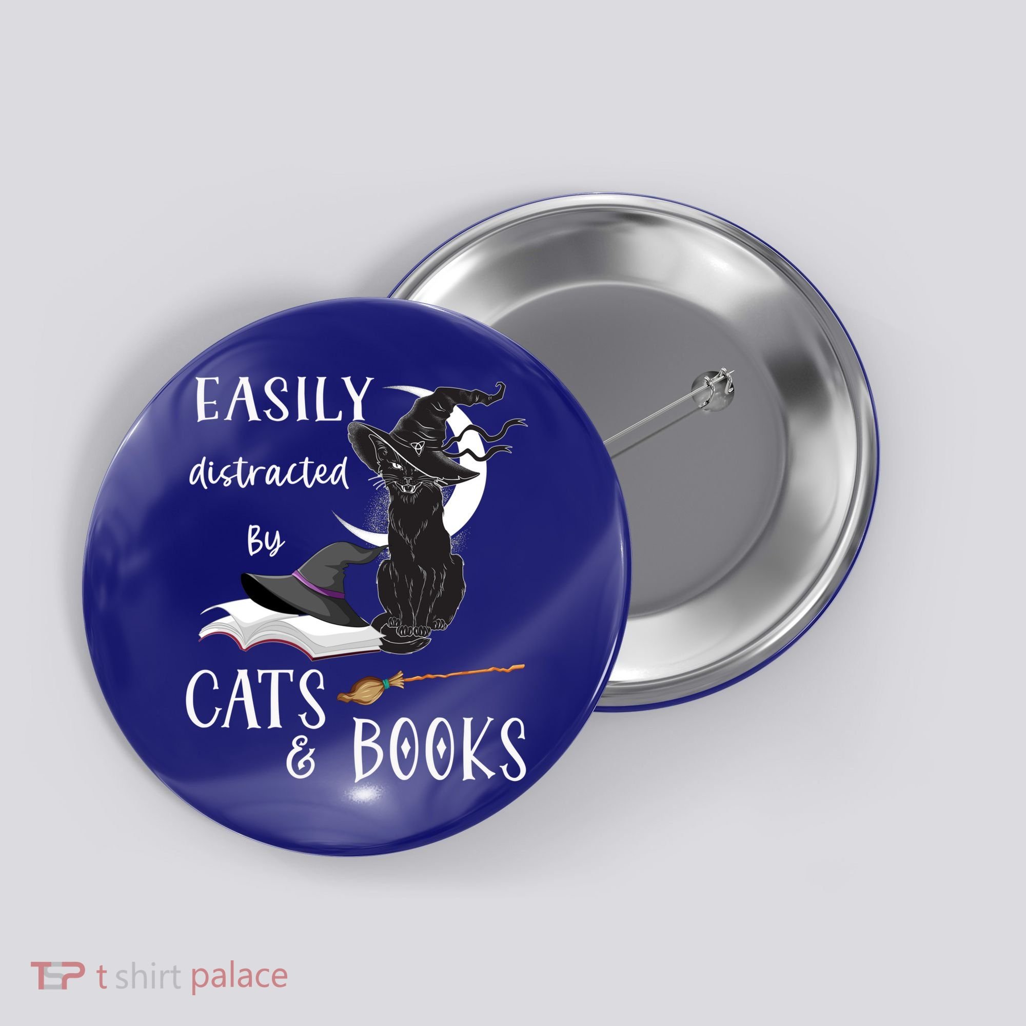 Funny Cat Halloween Tee Easily Distracted By Cats And Books Gift Button