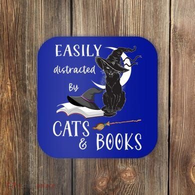 Funny Cat Halloween Tee Easily Distracted By Cats And Books Gift Coaster