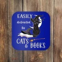Funny Cat Halloween Tee Easily Distracted By Cats And Books Gift Coaster thumb 0