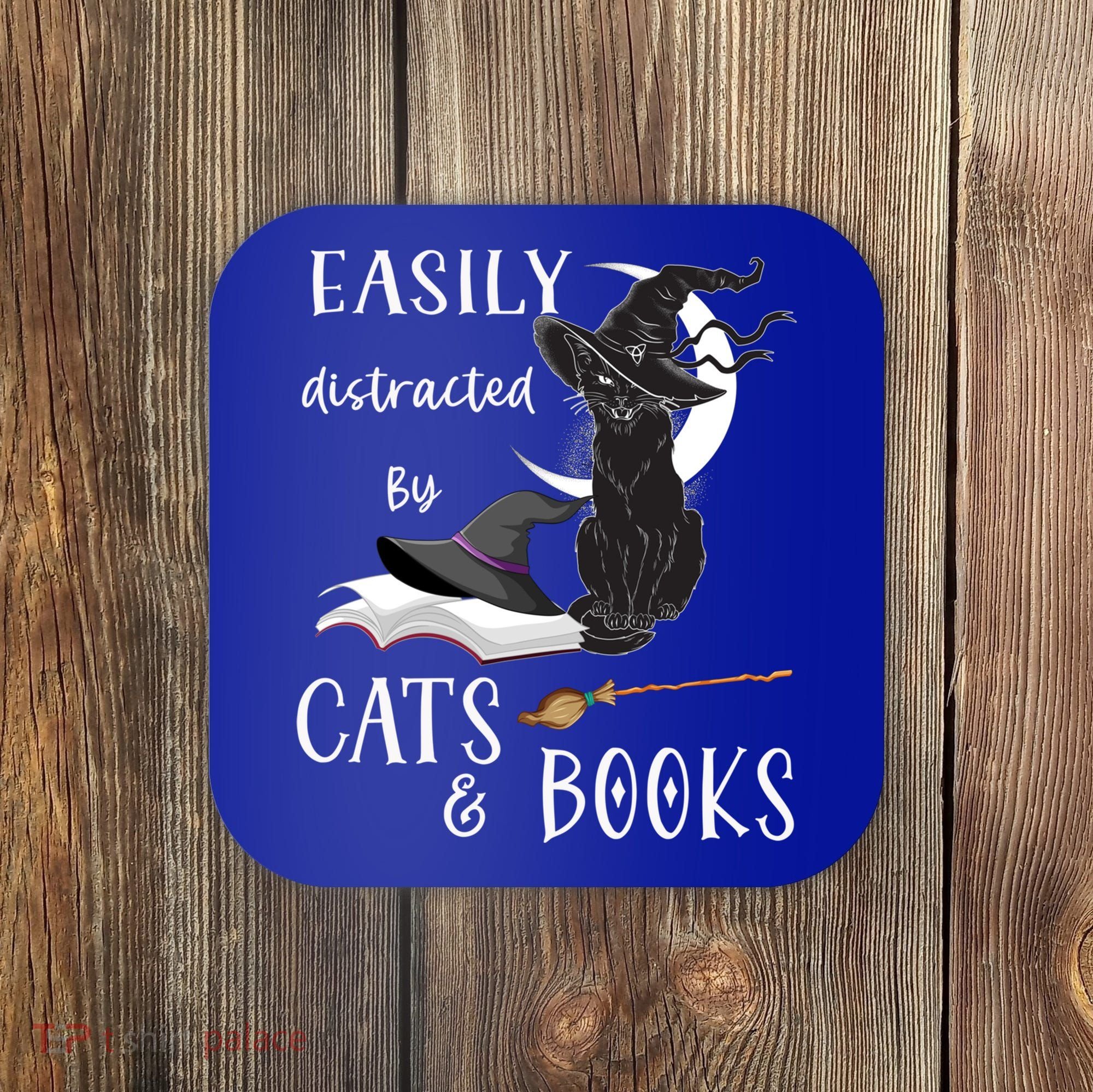 Funny Cat Halloween Tee Easily Distracted By Cats And Books Gift Coaster