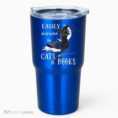 Funny Cat Halloween Tee Easily Distracted By Cats And Books Gift Tumbler