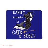 Funny Cat Halloween Tee Easily Distracted By Cats And Books Gift Mousepad thumb 0