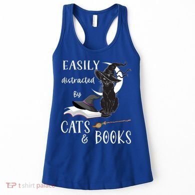 Funny Cat Halloween Tee Easily Distracted By Cats And Books Gift Women's Tank Top