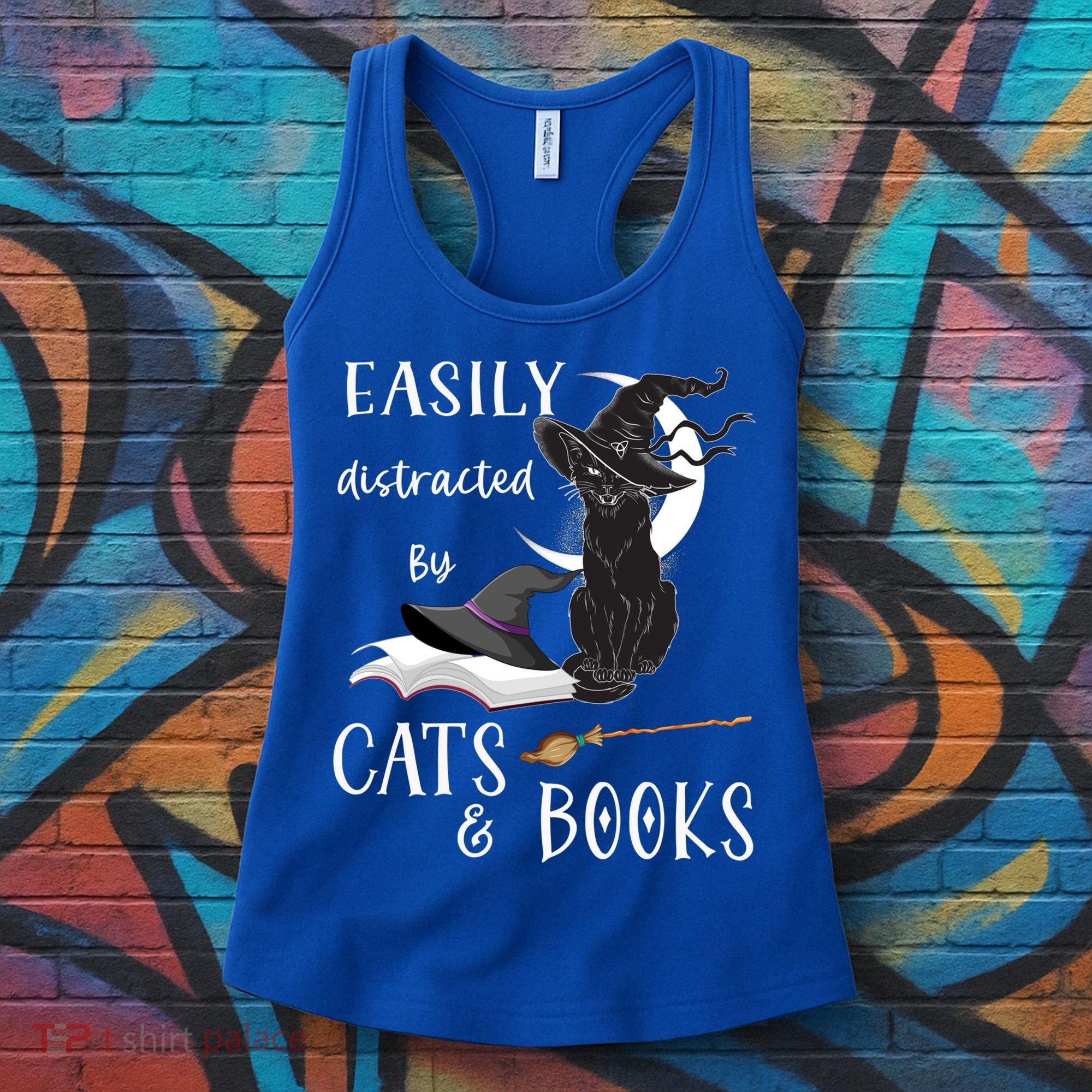 Funny Cat Halloween Tee Easily Distracted By Cats And Books Gift Women's Tank Top
