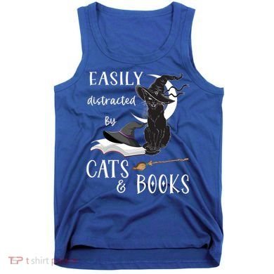 Funny Cat Halloween Tee Easily Distracted By Cats And Books Gift Tank Top