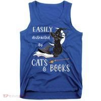 Funny Cat Halloween Tee Easily Distracted By Cats And Books Gift Tank Top thumb 0