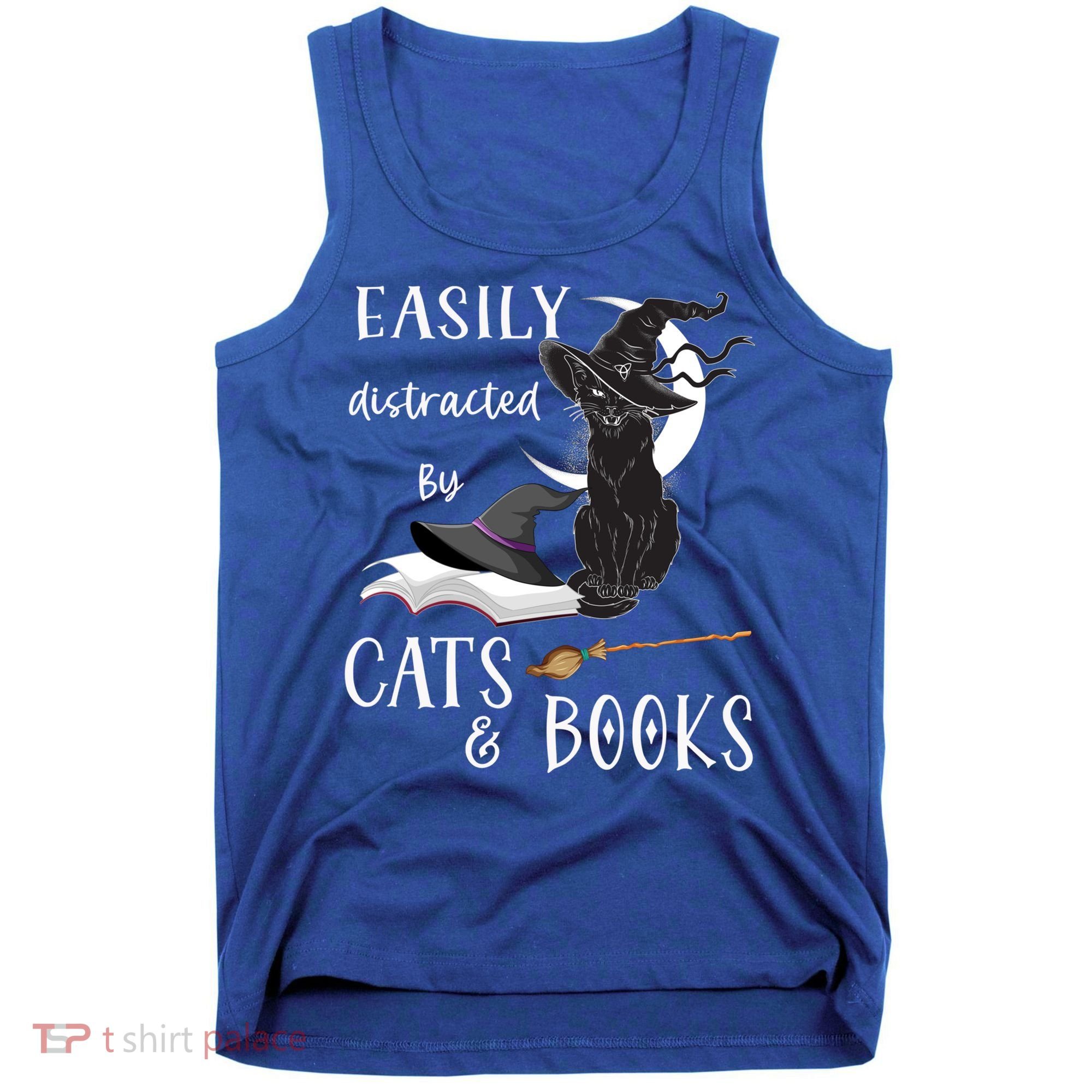 Funny Cat Halloween Tee Easily Distracted By Cats And Books Gift Tank Top