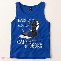 Funny Cat Halloween Tee Easily Distracted By Cats And Books Gift Tank Top thumb 2