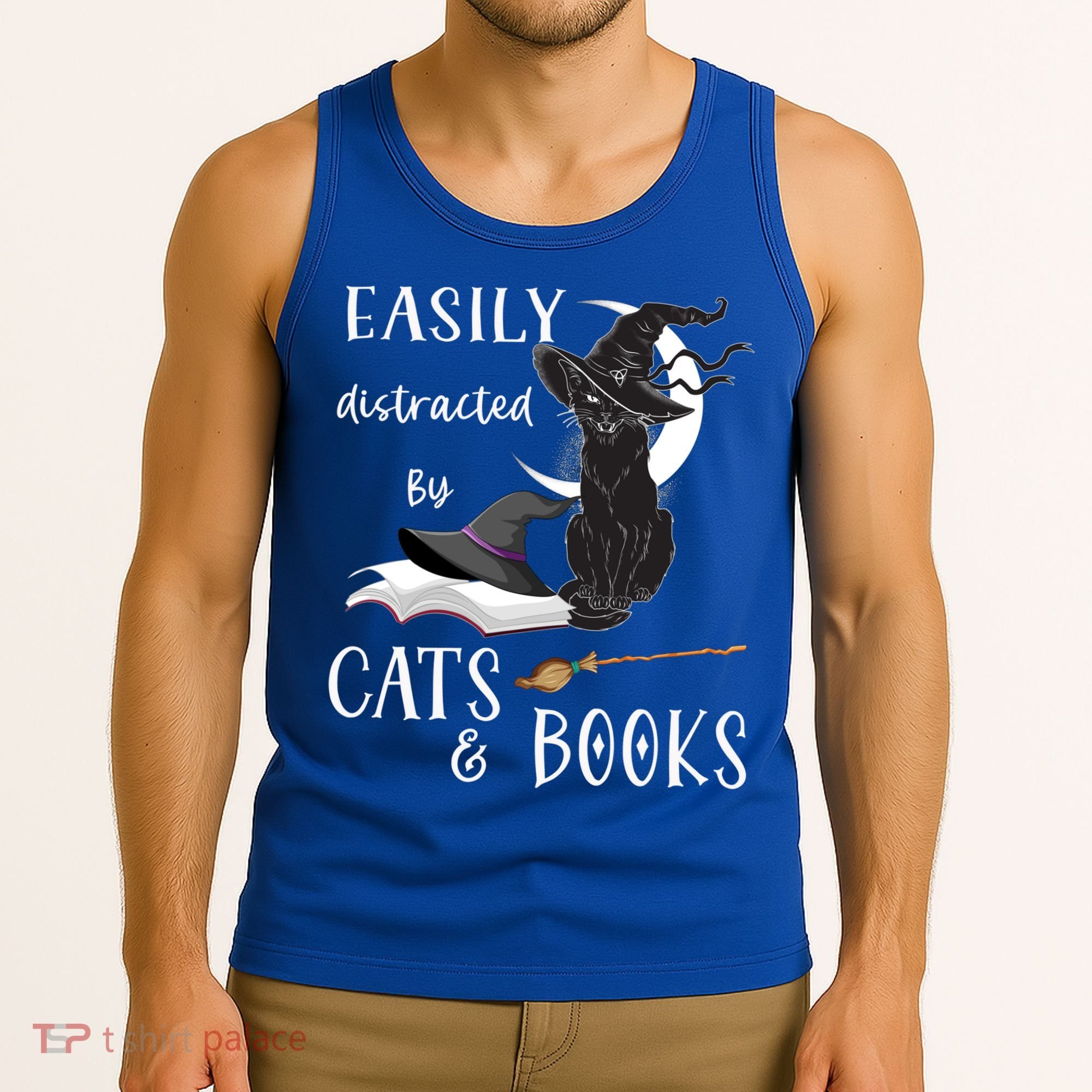 Funny Cat Halloween Tee Easily Distracted By Cats And Books Gift Tank Top