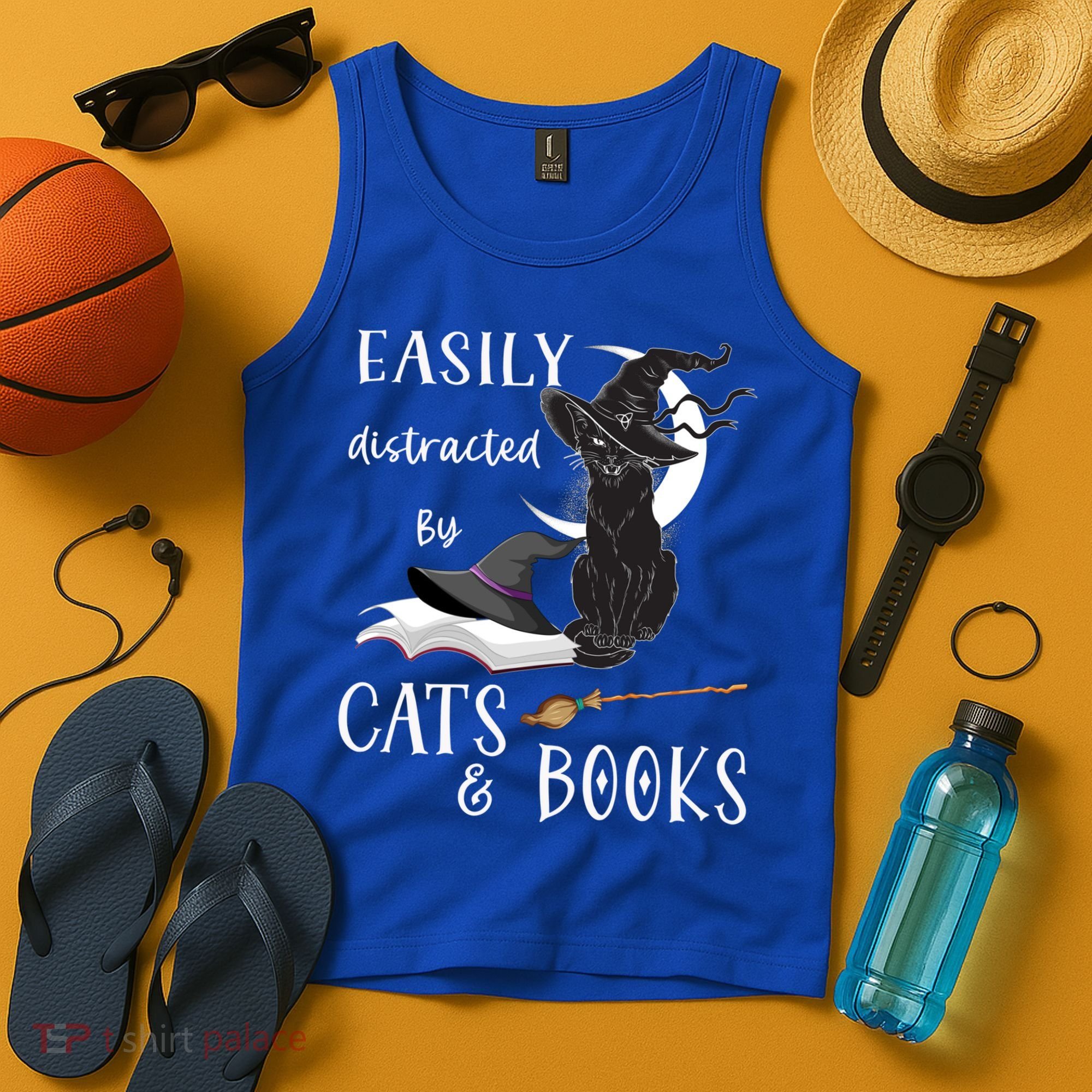 Funny Cat Halloween Tee Easily Distracted By Cats And Books Gift Tank Top