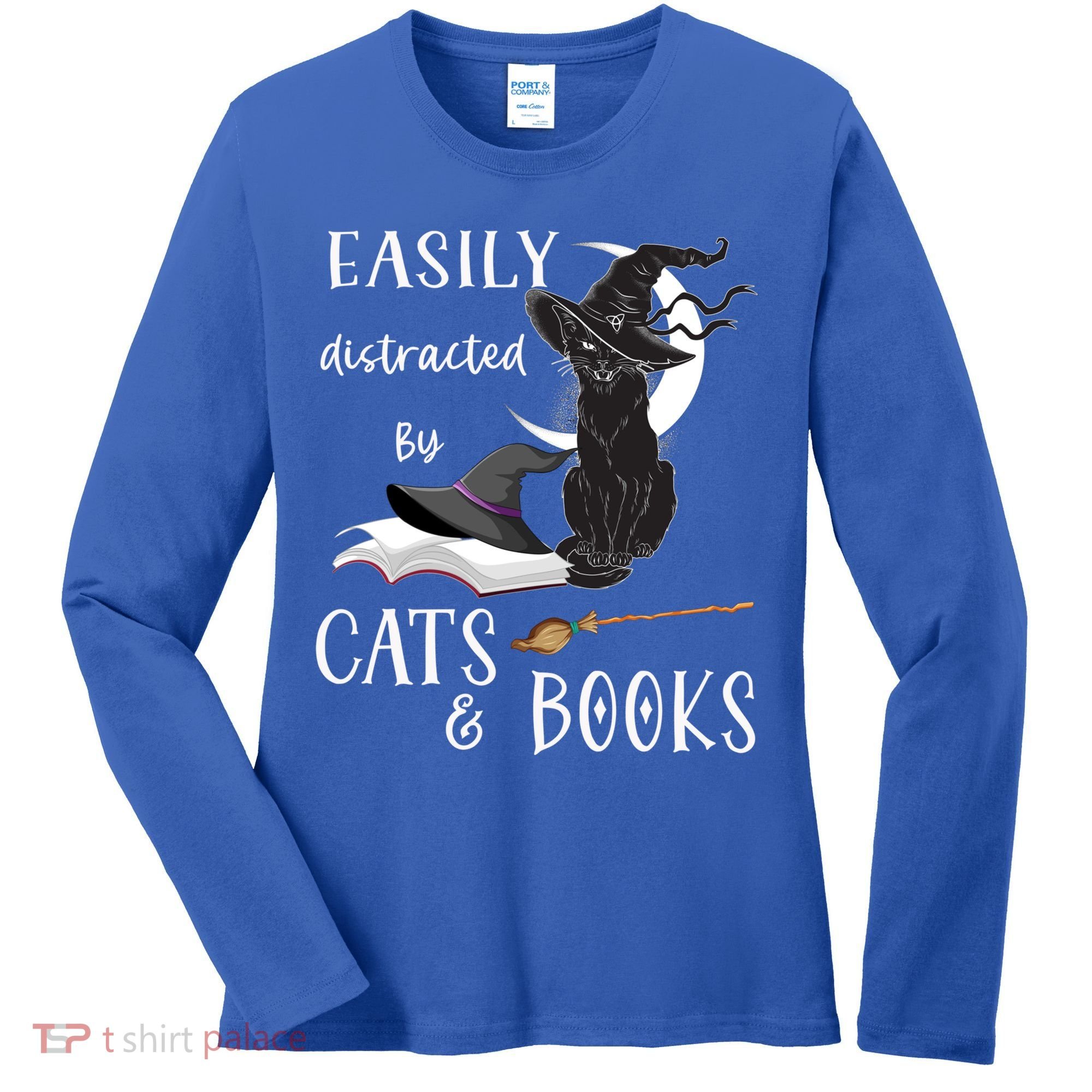 Funny Cat Halloween Tee Easily Distracted By Cats And Books Gift Women's Long Sleeve Shirt
