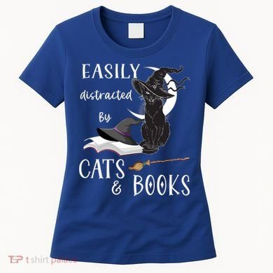 Funny Cat Halloween Tee Easily Distracted By Cats And Books Gift Women's T-Shirt