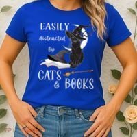 Funny Cat Halloween Tee Easily Distracted By Cats And Books Gift Women's T-Shirt thumb 2