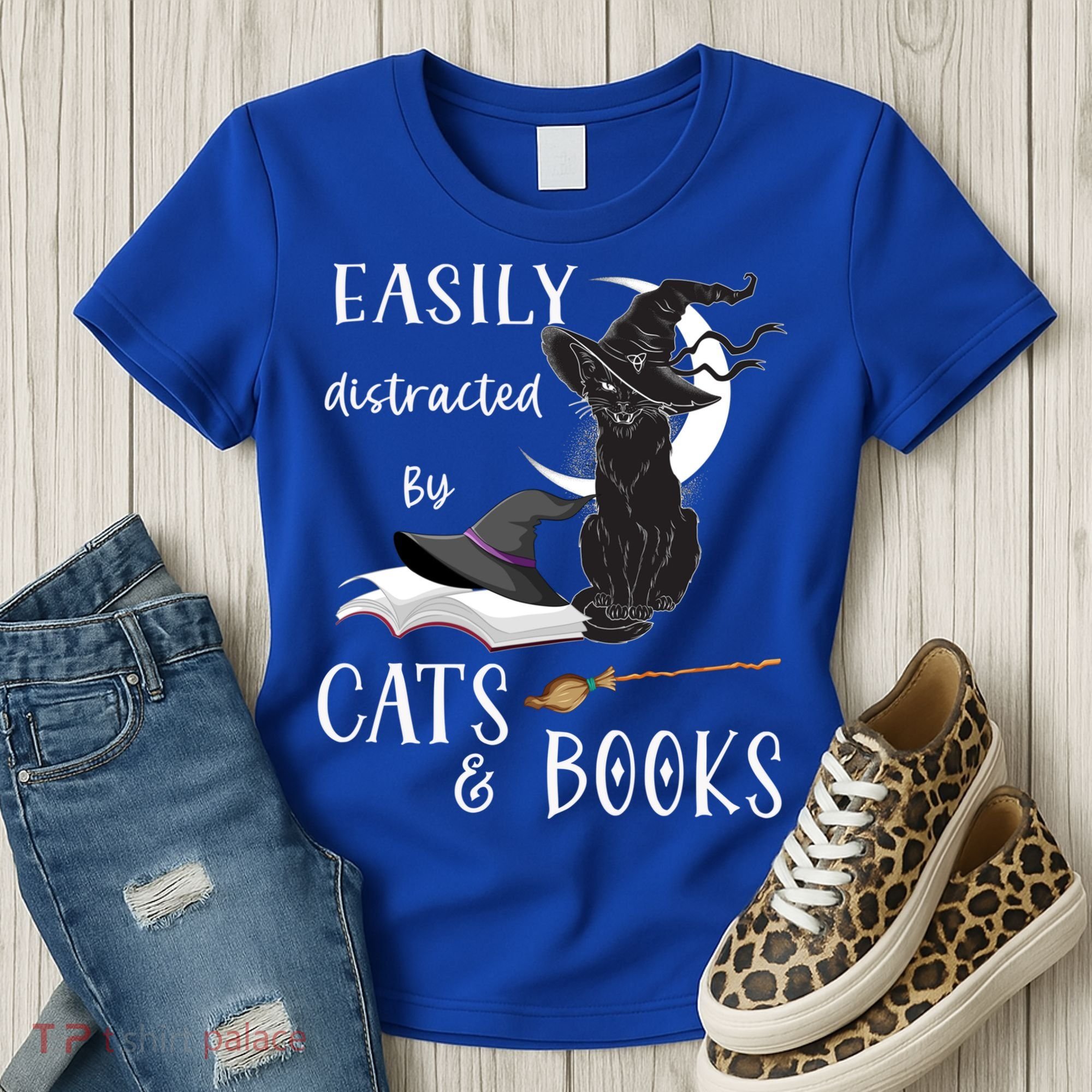 Funny Cat Halloween Tee Easily Distracted By Cats And Books Gift Women's T-Shirt