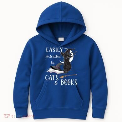 Funny Cat Halloween Tee Easily Distracted By Cats And Books Gift Kids Hoodie