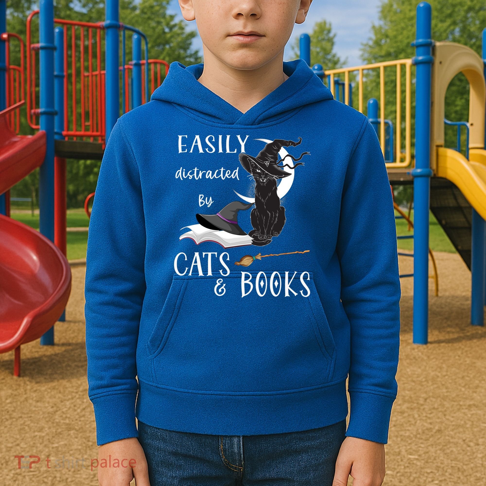 Funny Cat Halloween Tee Easily Distracted By Cats And Books Gift Kids Hoodie