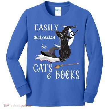 Funny Cat Halloween Tee Easily Distracted By Cats And Books Gift Kids Long Sleeve Shirt