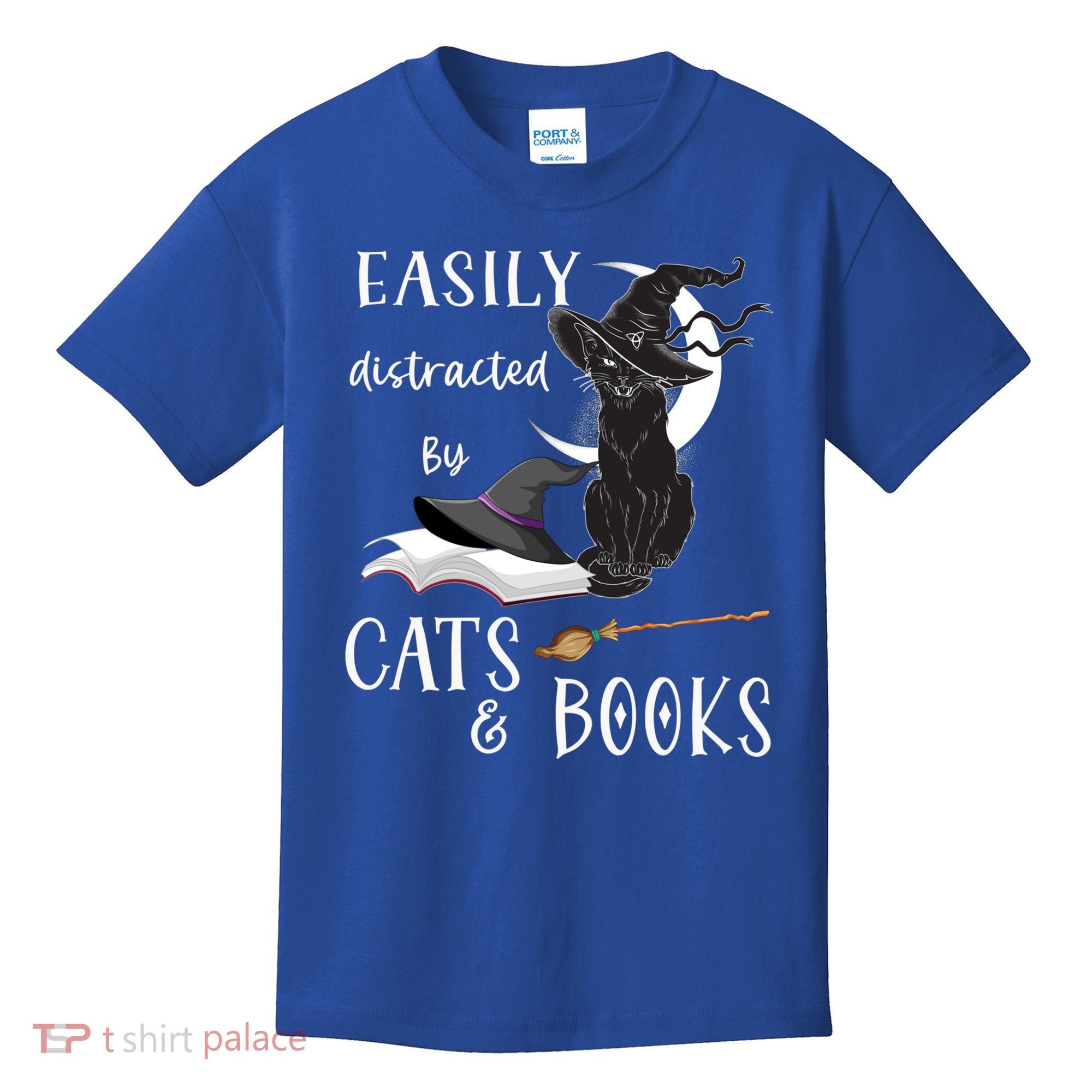 Funny Cat Halloween Tee Easily Distracted By Cats And Books Gift Kids T-Shirt