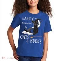 Funny Cat Halloween Tee Easily Distracted By Cats And Books Gift Kids T-Shirt thumb 2