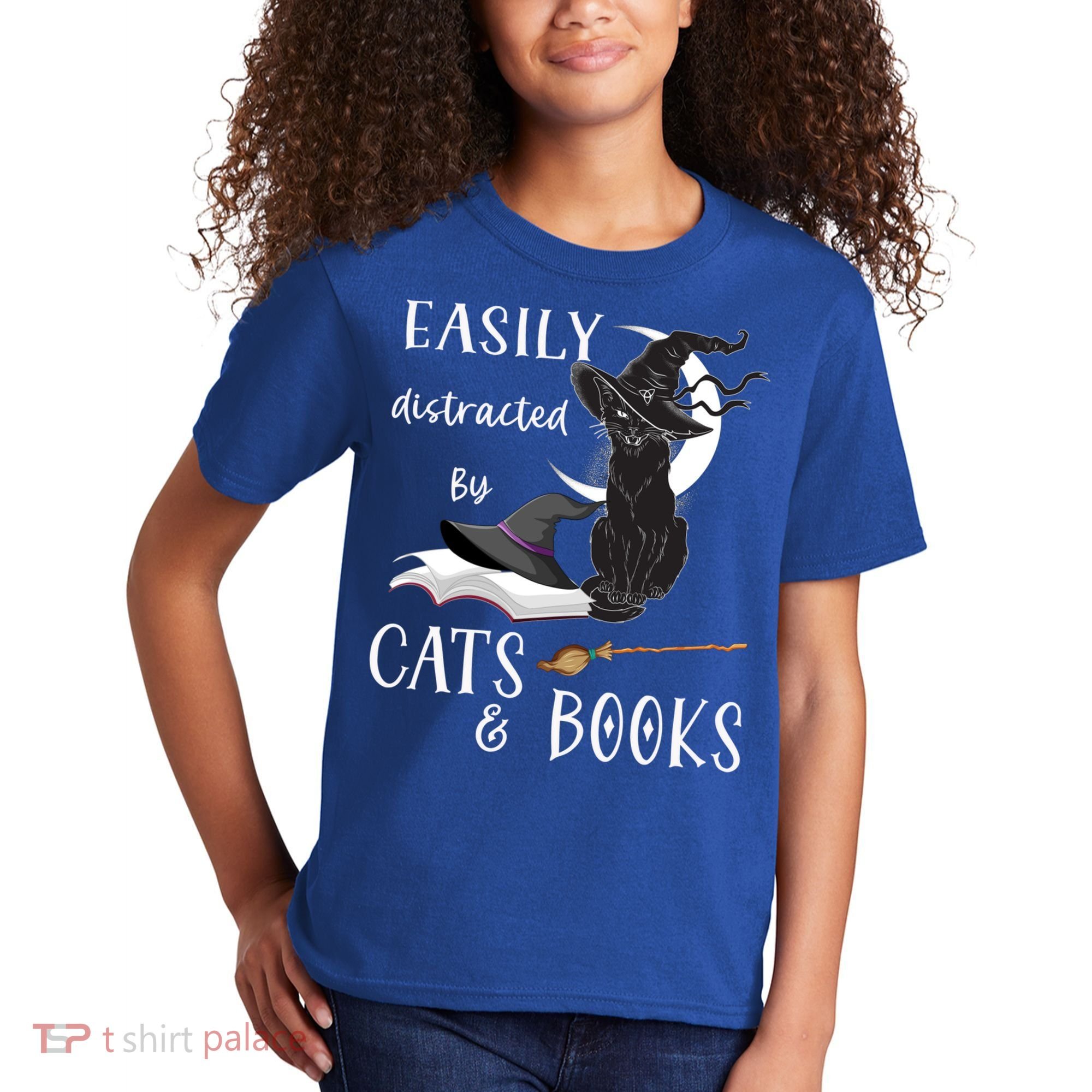 Funny Cat Halloween Tee Easily Distracted By Cats And Books Gift Kids T-Shirt