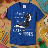 Funny Cat Halloween Tee Easily Distracted By Cats And Books Gift Kids T-Shirt thumb 3